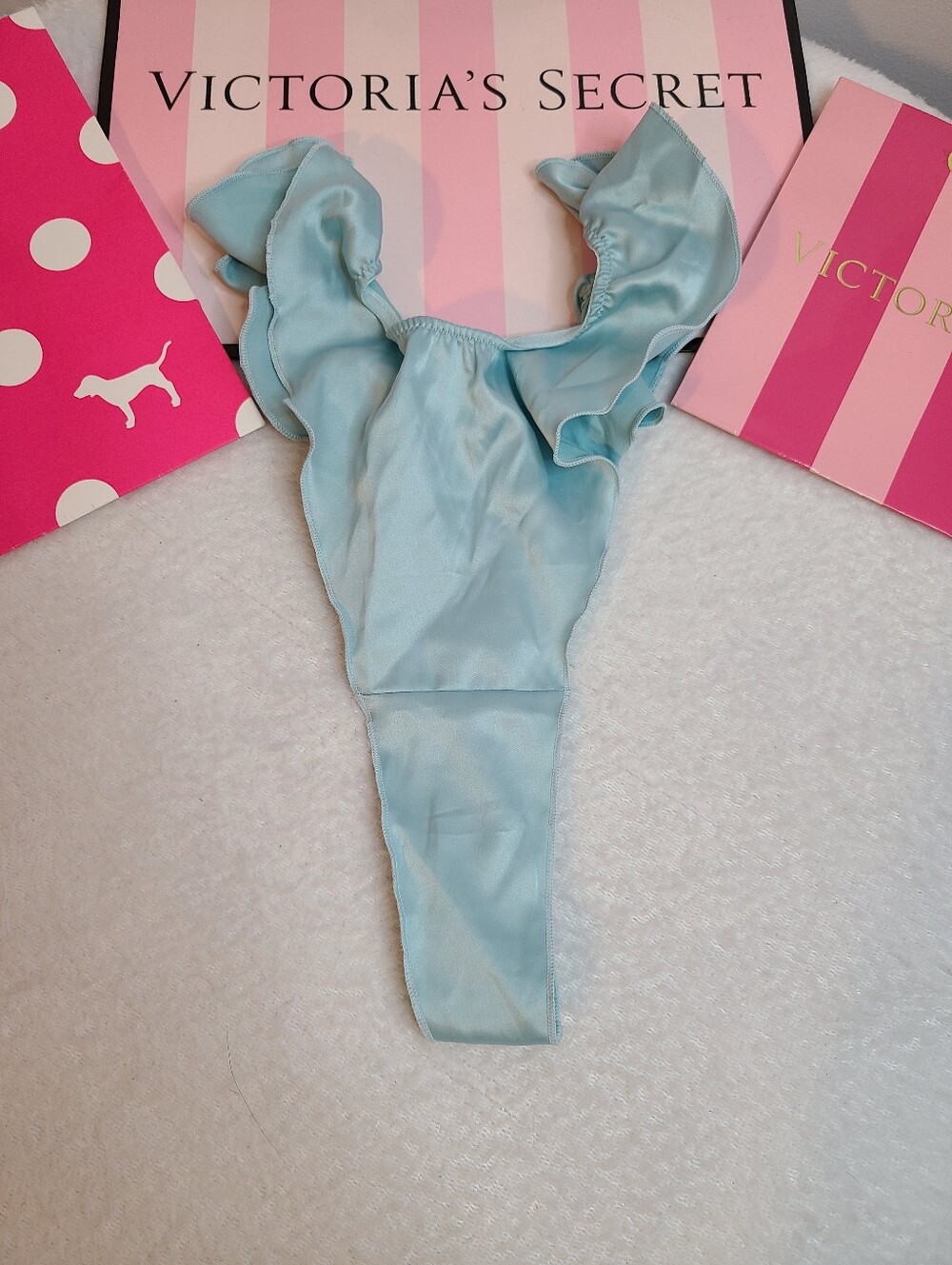 Victoria's Secret French Cut Satin Flutter Thong Panty Size M Aqua Blue